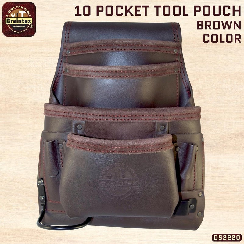 Graintex OS2220 10 Pocket Oil Tanned Leather Nail & Tool Pouch Dark Brown Color for Constructor/Electrician/Plumber - Image 2